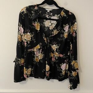 American Eagle Black Floral Babydoll Top Size S Ruffles Y2K Fairy Grunge Cottage